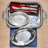 Collection of items including silver plated tray, faux horn carving set,