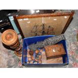 An inlaid workbox, a jewellery box, an embroidered fire screen,