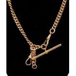 A 9ct gold Albert watch chain, with two swivel clasps and T bar,