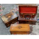 A mahogany sarcophagus tea caddy, with an inlaid sewing box,