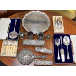 A silver dressing table set a/f, a Moroccan cased silver plated hors d'oerves set,