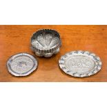 Two white metal trinket dishes, with a white metal bowl, all items are embossed,