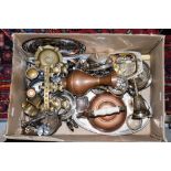 A box containing a collection of various metalware including trays, silver plated items, brassware,