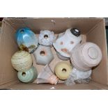 A box of assorted light and lamp glass shades, mostly 1920s, 1930s, mostly Art Deco,