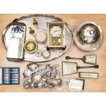 A box of EPNS items, including a galleried tray and muffin warmer, Walker and Hall flatware,