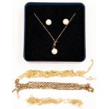 A Millanuim 9ct gold set, faux pearl stud earrings and a chain with faux pearl,