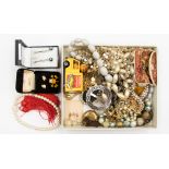 A bag of costume jewellery, including rodium and pearl earrings, a rolled gold chain,