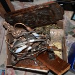 A box of metalware, wall lights, carved blotter, snakeskin glove/hankerchief purse, etc.