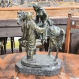 A bronze sculpture of an Arab Sheikh assisting girl off a horse, marble plinth,