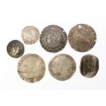 Seven silver coins to include: Elizabeth I sixpence 1573, mm. Ermine, S. 2562.