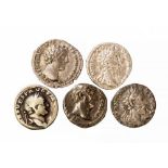 Five silver denarii of Vespasian, Hadrian and Marcus Aurelius (3). (5).