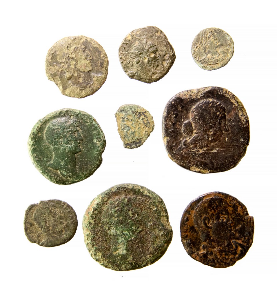 Roman coin group including a centionalis of Magnentius, Faustina sestertius,