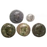 Nero & Titus Coin Group (5). Nero As, Rome, Victory flying left, holding shield inscribed SPQR. (2).
