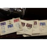 Two vintage suitcases and a bag containing: 1937 omnibus first day covers,