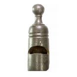 A 19th century pewter whistle in good working order, with stamped mark 'T. V.'. 54mm, 25.6g.