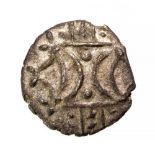 Iceni 'Ecen Corn Ear' Silver Unit, AD 10-40. Obv. Double crescent emblem on vertical wreath. Rev.