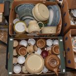 Two boxes of assorted Denby dinnerware to include pots,