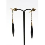 A 9ct jet and seed pearl pair of drop earrings, with 9ct gold screw fitting clip on earrings,
