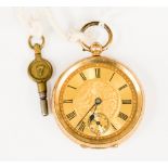 A 14ct cased small pocket watch, three quarter plate brass movement, keywind movement,