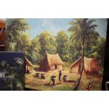 Two African oils on canvas paintings 'A Village by the Sea' 'Night scape and an African Village'