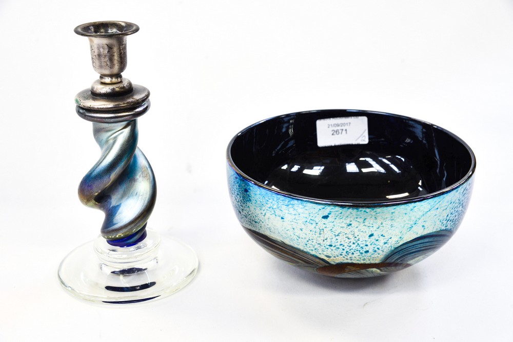 An Isle of Wight glass candlestick with an Isle of Wight unsigned bowl