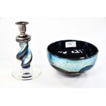 An Isle of Wight glass candlestick with an Isle of Wight unsigned bowl