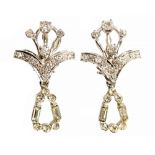 A pair of diamond 14ct white gold spray earrings with detachable paste drops,