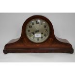 An Edwardian inlaid Westminster chime mantel clock with key and pendulum