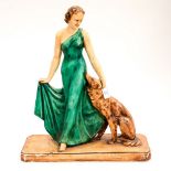 A painted chalk figure group 'Lady with Dog' J Melani late 1920s early 1930s