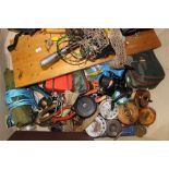 Angling interest: a box of mixed fishing items to include eight reels, nets, floats,