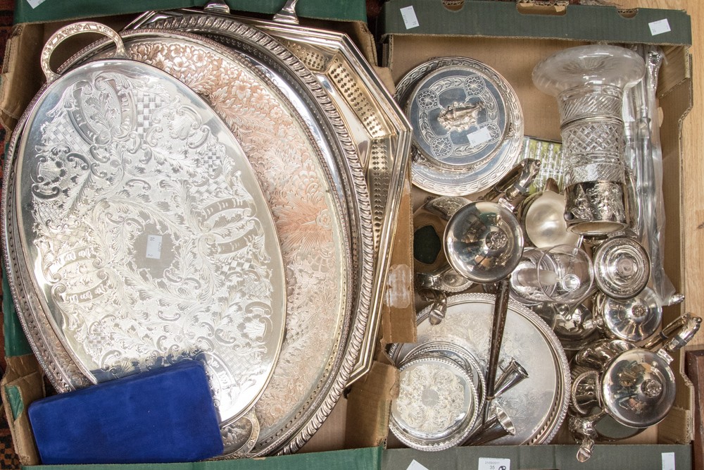 A 19th century cut glass and silver plated claret jug, EPNS trays, coasters,