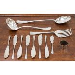 Eight Mappin and Webb 'Princess plate' knives with an EPNS ladle,