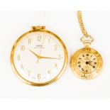 An Oris gilt metal pocket watch with Arabic numerals and geometric engraved case;