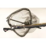 Angling interest: two fly fishing rods and a wading staff and a landing net