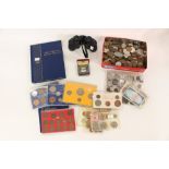 A box and tin of coins, UK and world includes coin sets,