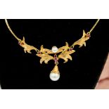 An 18ct gold, leaf design necklet with pink sapphires and cultured fresh water pearls,