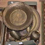 A box of assorted Oriental brassware, mostly 19th Century and later, including trays, vases, jug,