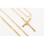 A 9ct gold cross on a 20" chain, along with a flat link curb chain,