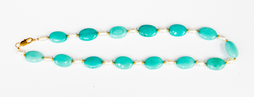 An Amazonite and Freshwater Pearl single strand necklace,