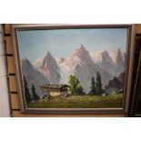 Oil on canvas of an Alpine scene,