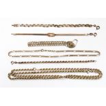 A collection of silver jewellery comprising three silver chains and four bracelets in various