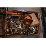 A box of metalware including EPNS three branch Epern brass candlesticks, EPNS muffin dish, flatware,