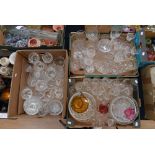 Three boxes of assorted glassware, including cut glass, wheel etched glass, bowls, vases,