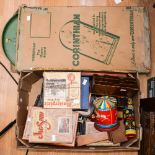 One box of assorted curios to include, letter rack, dressing table tray, boxed draughts,