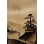 A pair of early 20th century Chinese paintings, trees junks and mountains,