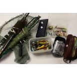 Angling interest: a collection of landing nets including Hardy, spinners, etc in one box.
