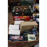 Three boxes of assorted boxed and unboxed toys, including Lledo Days Gone, Matchbox,