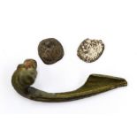 Roman bronze Polden Hill type brooch with moulded decoration to the sides of the bow, 52mm x 18mm.