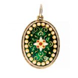 A green enamel and paste set pendant, in yellow metal,