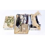 Two boxes of ostrich feathers, millinery feathers from 1911 upwards and millinery net,